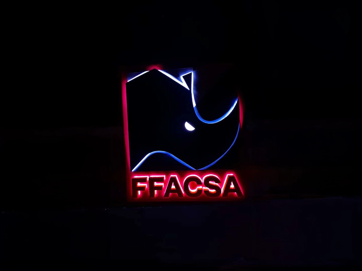 Unipolar de noche con el logo de FFACSA, un toro negro y blanco, pero de cerca.