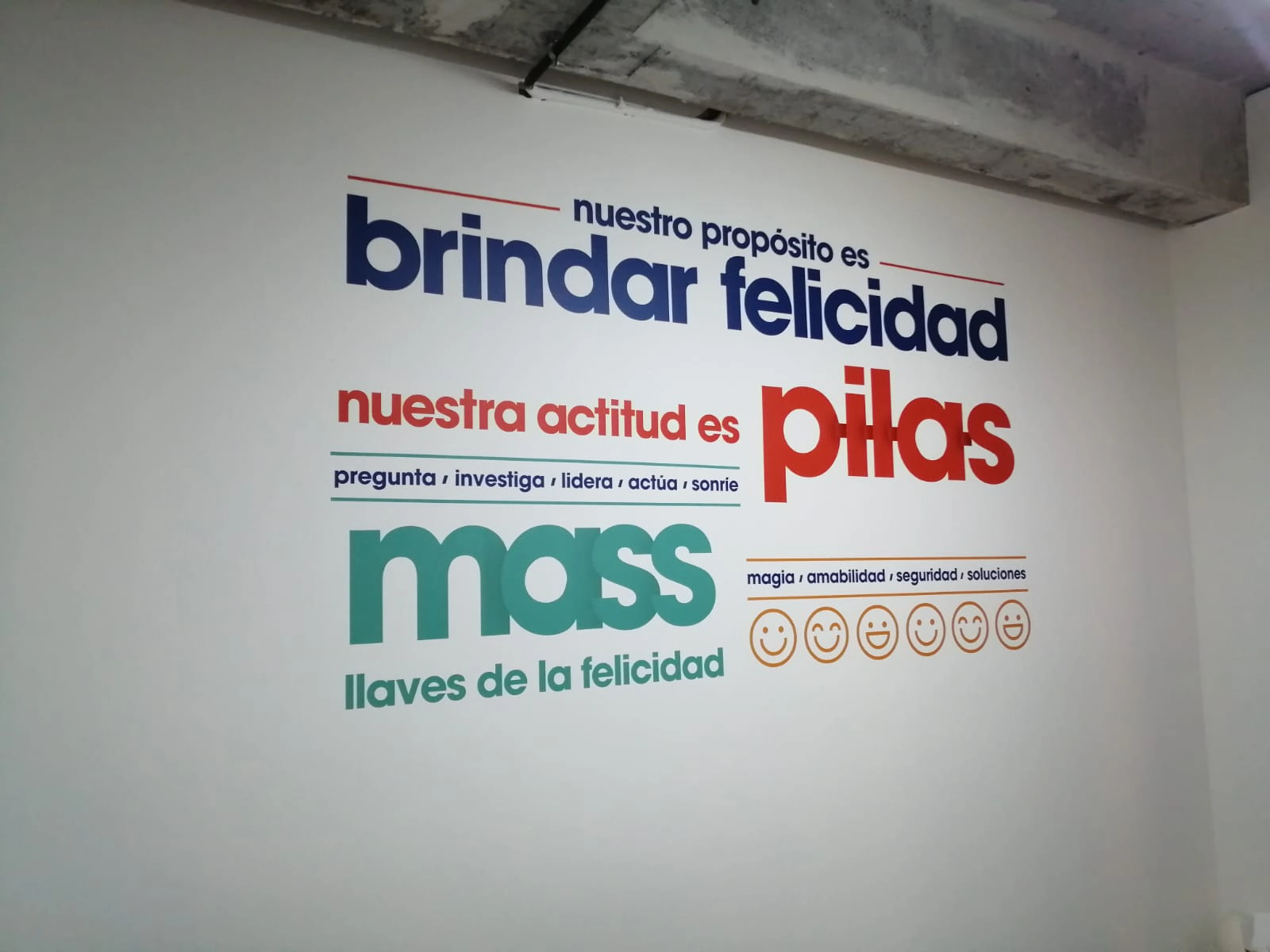 Mural con mensajes motivacionales y caritas sonrientes