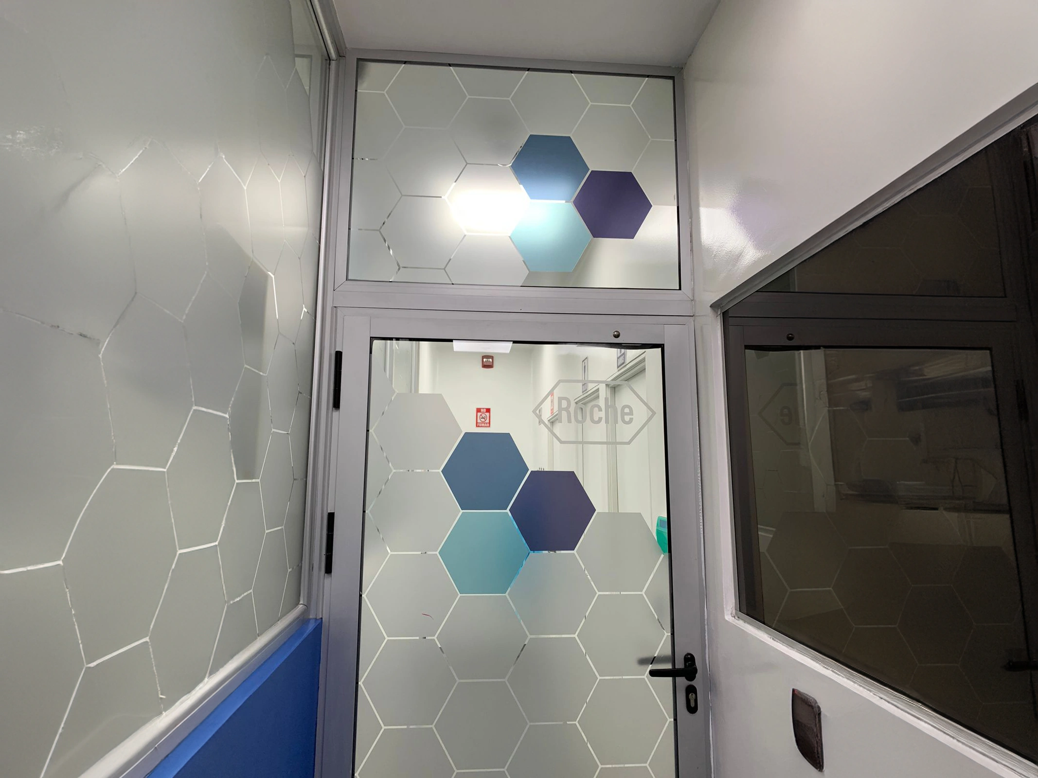 Vidrio con diseño de pentágonos y logo para Roche